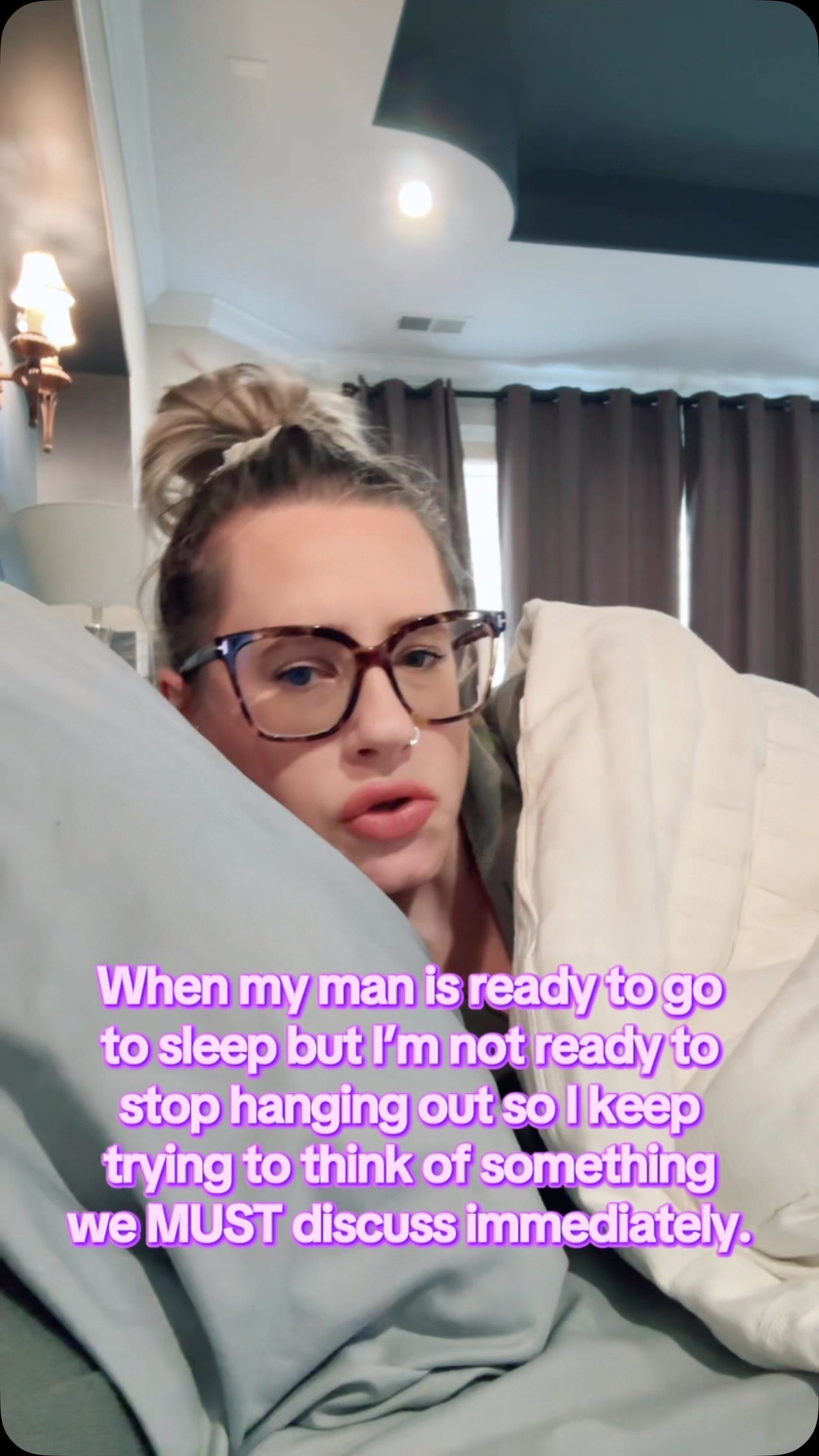 Ohhhh, you’re trying to sleep? Let me think of something important that cannot wait until tomorrow to be discussed. 😂 #marriedlife #funnyvideo #relateable #relationships 
Anyone else do this?